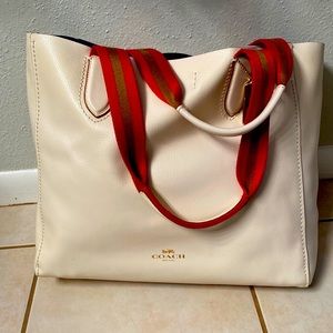 Coach off-white tote with red straps